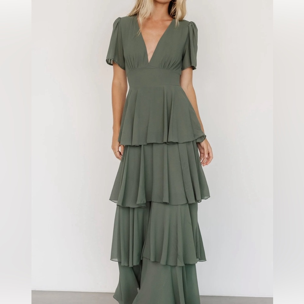 Dark Sage Chiffon Tiered Skirt Maxi Dress Size Medium